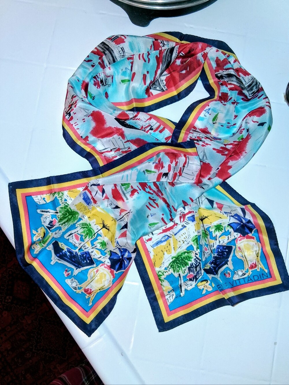 VTG Adrienne Vittadini 100% Silk Scarf Riviera Resort Novelty Print 11x50